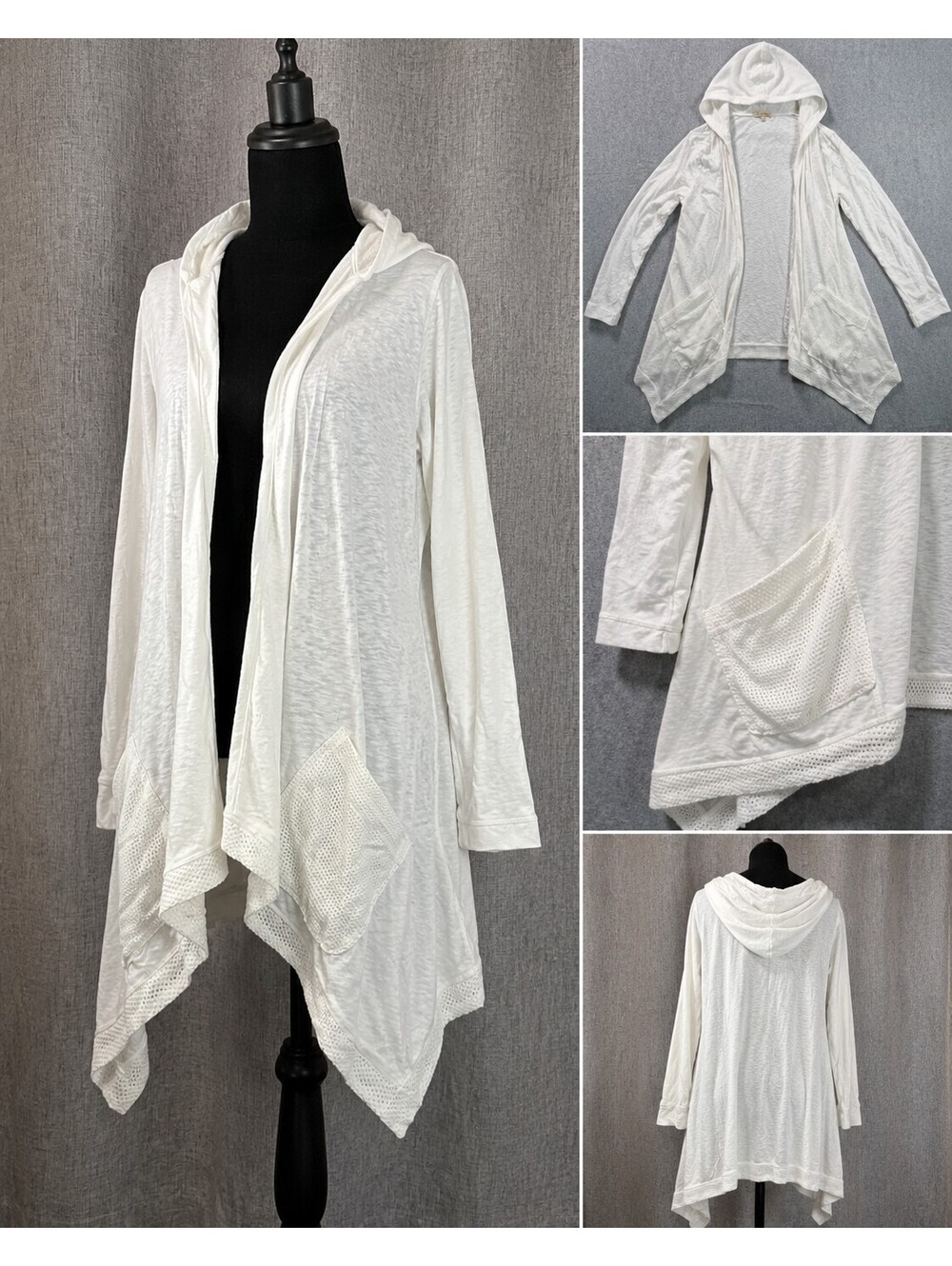 Democracy Women’s 3X White Hooded Open Front Cardigan Waterfall Mesh Trim